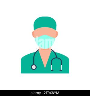 Surgeon with face mask and cap color icon. Medical doctor with stethoscope in protective equipment. Medic and nurse gp avatar in green uniform. Vector Stock Vector