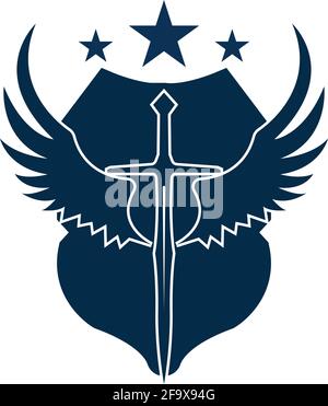 The winged sword with shield vector icon. Stock Vector