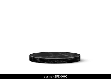 Black marble round podium for product. 3d pedestal in stone pattern vector illustration. Geometric stage isolated on white background. Realistic place Stock Vector