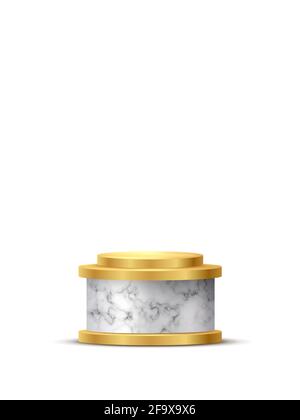 Round marble podium with golden ring standing on white background. 3d pedestal for product vector illustration. Gold stage with circle glowing. Abstra Stock Vector