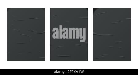 Glued black paper sheet set isolated on white background. Vector realistic crumpled posters bundle. Wet greased wrinkles blank template texture. Empty Stock Vector