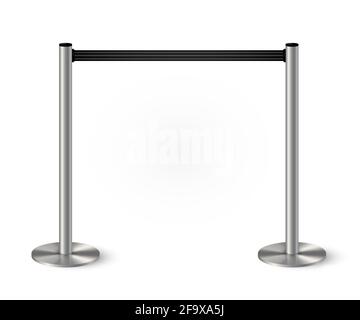 Belt barrier with stanchions and black rope. Security control metal pole posts vector illustration. Airport entry rails, zone chrome dividers, vip bar Stock Vector