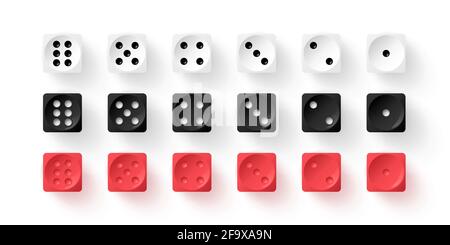 Red, black, white dice cubes for gambling set. Casino craps and playing games vector illustration. Poker cubes of different color, numbers with dots i Stock Vector