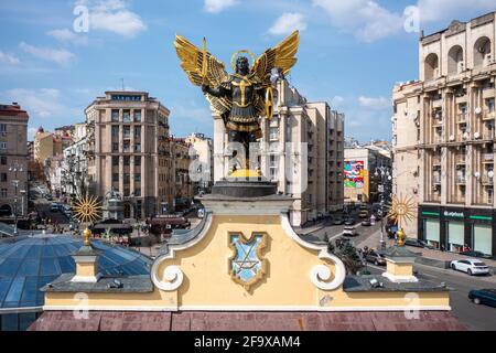 Kyiv, Ukraine - April 1, 2021:  Statue of Saint Michael the Archangel, patron of Kyiv in Independence square. Stock Photo