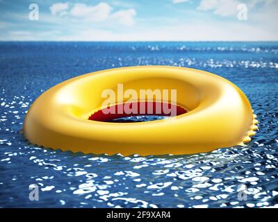 Life buoy on the ocean surface, 3d rendering. Computer digital drawing