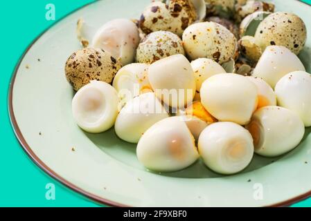 Many boiled quail eggs on plate. Some are peeled, some are with eggshell. On green-blue background, closeup. Stock Photo