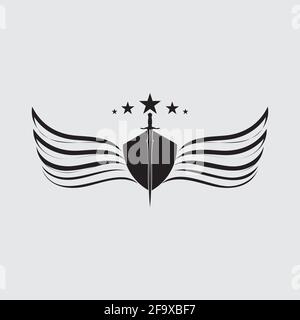 The winged sword with shield vector icon. Stock Vector