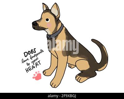 Alsatian dog with heart shape footprint and word dogs leave footprint to your heart cartoon vector illustration Stock Photo
