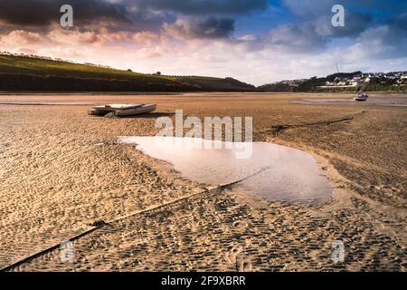 Evening light over the Gannel River at low tide in Newquay in Cornwall. Stock Photo