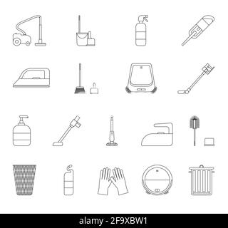 A set of cleaning equipment - buckets, brushes, gels, gloves. Black and white icon. Vector Illustration Stock Vector