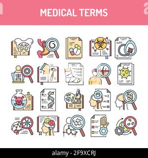 Medical terms line icons set. Isolated vector element. Outline pictograms for web page, mobile app, promo. Editable stroke. Stock Vector