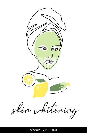 Green face mask with cucumber and lemon. Skin whitening vector illustration. Face line art, one line drawing Stock Vector