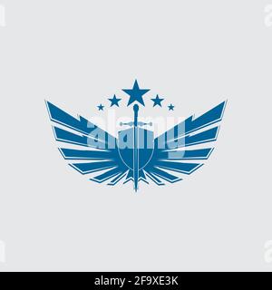 The winged sword with shield vector icon. Stock Vector