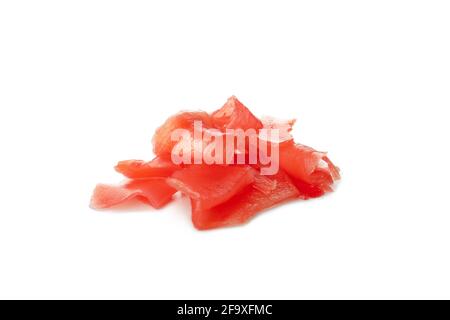 Red pickled ginger isolated on white background. Pile of red pickled ginger slices, Japanese condiment for sushi isolated on white Stock Photo
