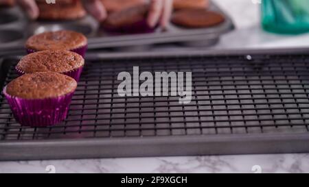 Step by step. Cooling red velvet cupcakes on a kitchen drying rack. Stock Photo