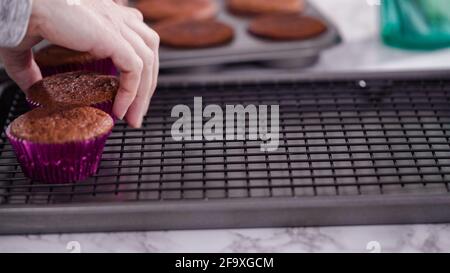 Step by step. Cooling red velvet cupcakes on a kitchen drying rack. Stock Photo