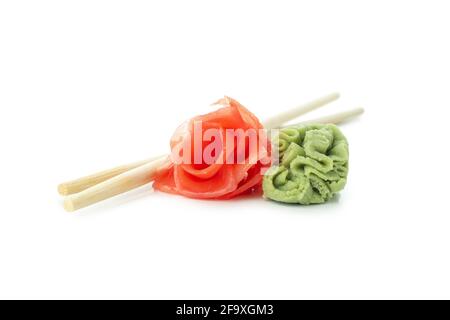 Pickled ginger, wasabi and chopsticks isolated on white background Stock Photo