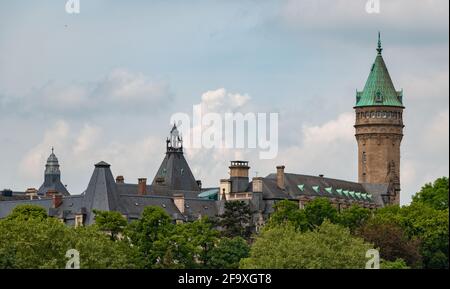 A picture of the Bank Museum Luxembourg's tower and rooftops as seen from afar. Stock Photo