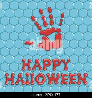 Happy Halloween. Background with a bloody hand print on the tile and the inscription. Stock Vector