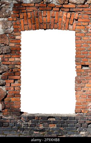 old red brick wall with hole isolated on white background in the middle. High quality photo Stock Photo
