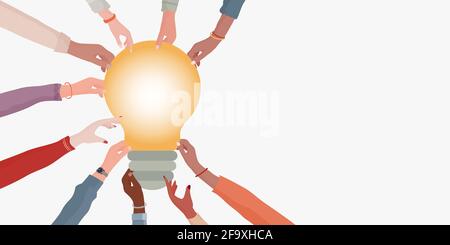 Concept problem solving. Hands of diverse and multi-ethnic people holding a light bulb. Innovative idea metaphor. Banner copy space. Teamwork. Share Stock Vector