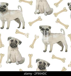 Watercolor seamless hand drawn pattern with pugs dogs breed isolated on white background. Funny cute cartoon pet animals for textile wrapping paper background texture. Trendy nursery print for kids Stock Photo