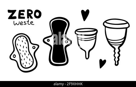 hand drawn menstrual set of design elements. Vector illustration. doodle period collection. women set with caps, pads, lettering. Eco zero weste Stock Vector
