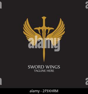 Sword with Wings. Golden Sword Symbol on Black Background. Stock Vector