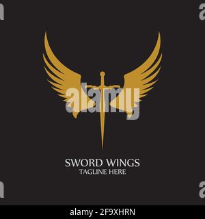Sword with Wings. Golden Sword Symbol on Black Background. Stock Vector