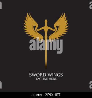 Sword with Wings. Golden Sword Symbol on Black Background. Stock Vector