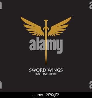 Sword with Wings. Golden Sword Symbol on Black Background. Stock Vector