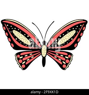 The butterfly is red. A beautiful moth with spots. Flying insect with colored wings.Vector. Stock Vector