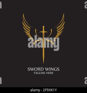 Sword with Wings. Golden Sword Symbol on Black Background. Stock Vector