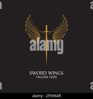 Sword with Wings. Golden Sword Symbol on Black Background. Stock Vector