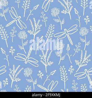 delicate vector pattern with dragonflies and twigs, flowers. white outlines on a lilac background. Stock Vector