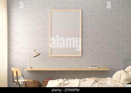 Vertical blank poster frame mock up on the white brick wall in interior of loft bedroom Stock Photo