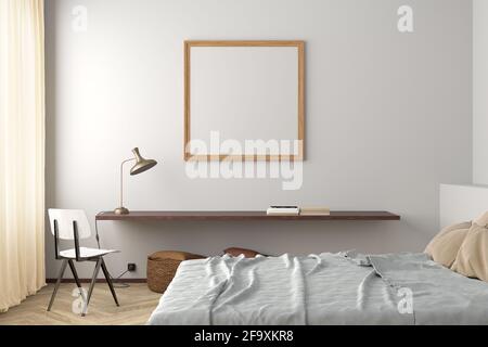 Square blank poster frame mock up on the white wall in interior of modern bedroom Stock Photo