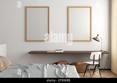 Two vertical  blank posters frames mock up on the white wall in interior of modern bedroom Stock Photo