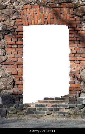 old red brick wall with hole isolated on white background in the middle. High quality photo Stock Photo