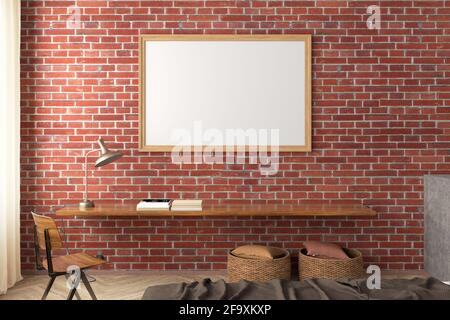 Horizontal blank poster frame mock up on the red brick wall in interior of loft bedroom Stock Photo