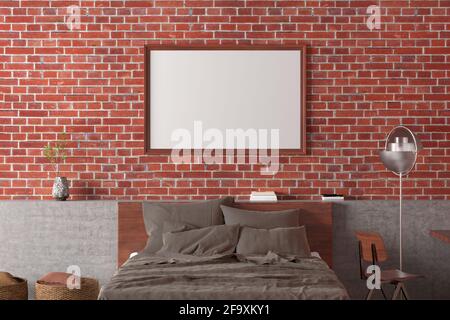 Horizontal blank poster frame mock up on the red brick wall in interior of loft bedroom Stock Photo