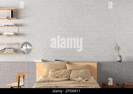 Blank white brick wall of loft style bedroom mock up Stock Photo