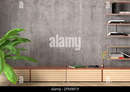 Blank concrete wall of industrial style living room mock up. 3d iluustration Stock Photo