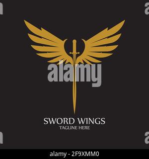 Sword with Wings. Golden Sword Symbol on Black Background. Stock Vector