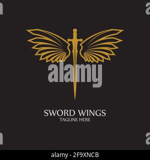 Sword with Wings. Golden Sword Symbol on Black Background. Stock Vector