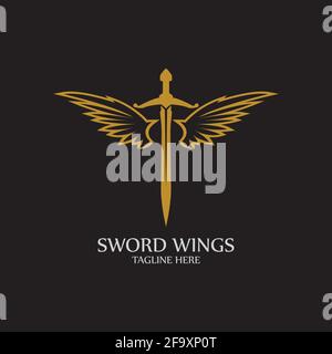 Sword with Wings. Golden Sword Symbol on Black Background. Stock Vector