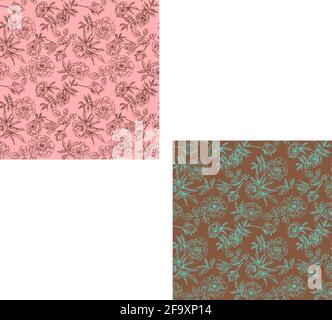Set of flower seamless patterns with contour outline roses on a pink and chocolate background Stock Vector