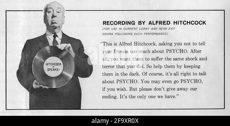 Promotional ad from the additional companion pressbook produced for the publicity stunt of not admitting anyone to movie theatres after the start of PSYCHO 1960 director ALFRED HITCHCOCK novel Robert Bloch music Bernard Herrmann  Shamley Productions ./ Paramount Pictures Stock Photo