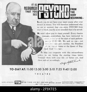 Promotional ad from the additional companion pressbook produced for the publicity stunt of not admitting anyone to movie theatres after the start of PSYCHO 1960 director ALFRED HITCHCOCK novel Robert Bloch music Bernard Herrmann  Shamley Productions ./ Paramount Pictures Stock Photo