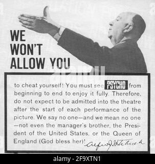 Promotional ad from the additional companion pressbook produced for the publicity stunt of not admitting anyone to movie theatres after the start of PSYCHO 1960 director ALFRED HITCHCOCK novel Robert Bloch music Bernard Herrmann  Shamley Productions ./ Paramount Pictures Stock Photo